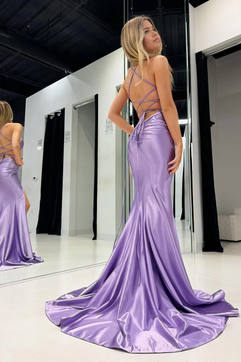 Back view of the lilac satin mermaid prom dress, showing the elegant train.