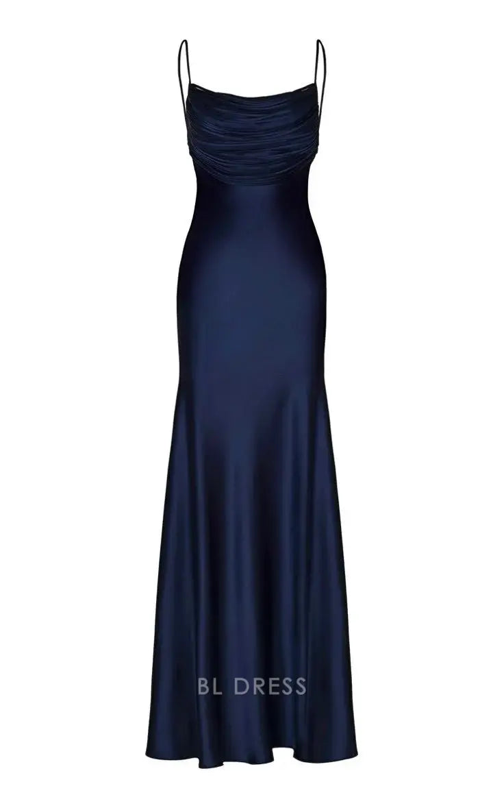 Elegant navy blue mermaid satin gown with spaghetti straps, suitable for formal events.