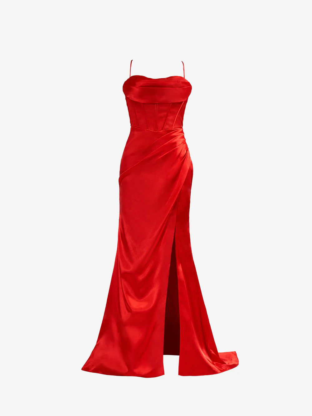 Close-up of the high slit on the mermaid satin prom dress.