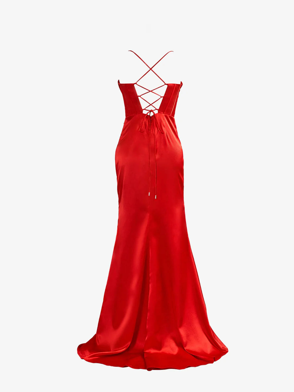 Side view of a woman posing in the mermaid spaghetti strap satin prom dress.
