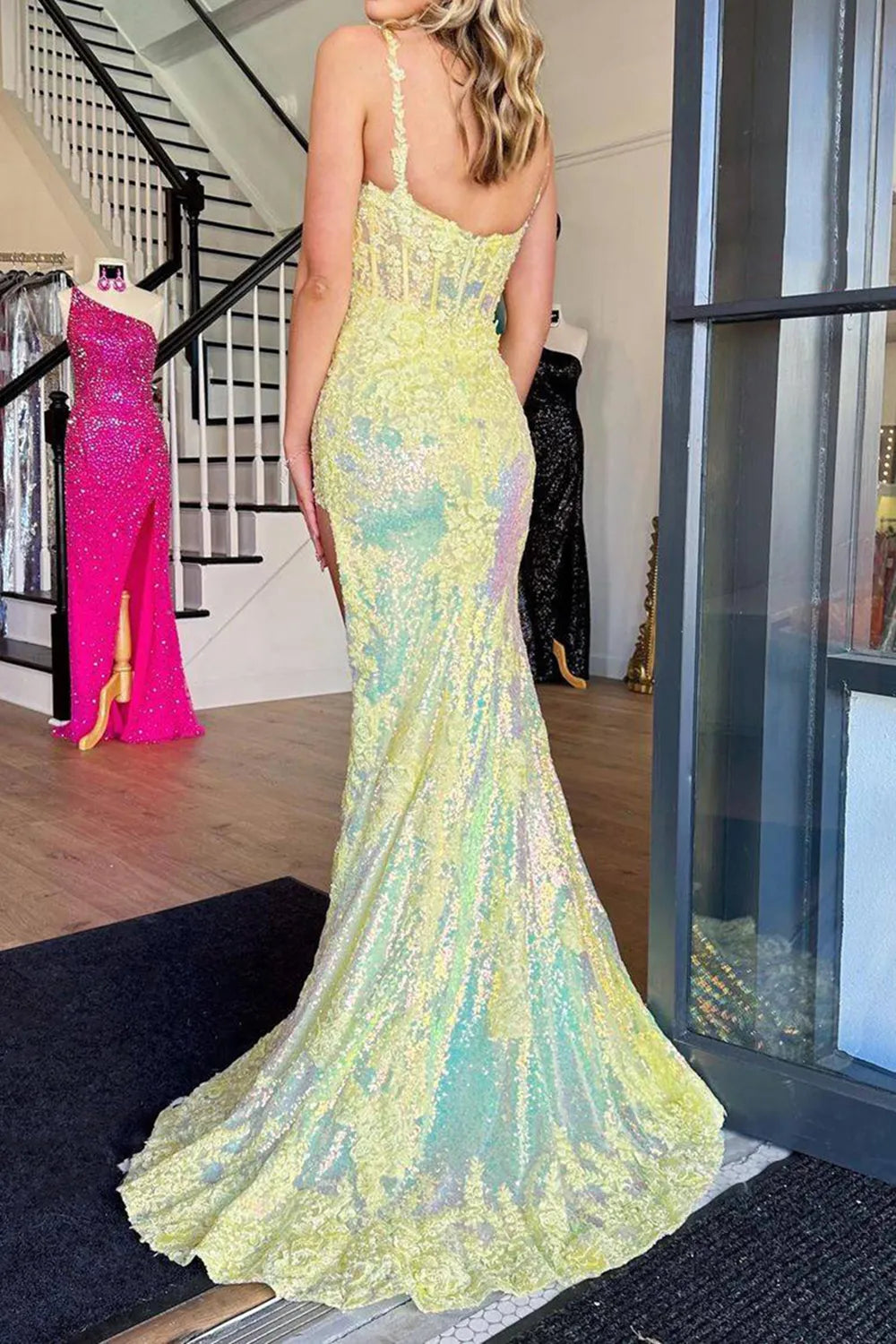 Back view of elegant mermaid prom dress.