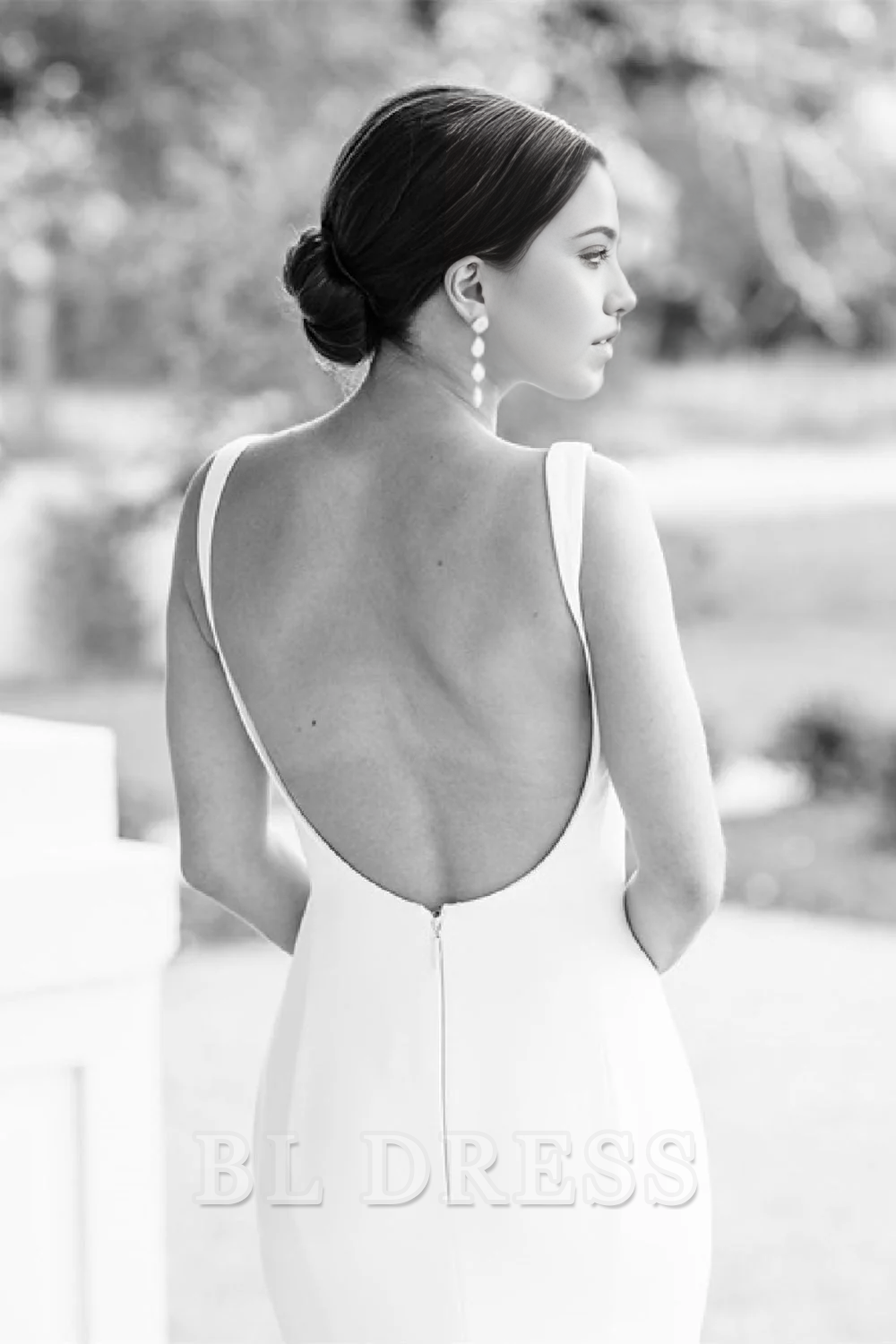 Side profile of the classic square neck bridal dress.