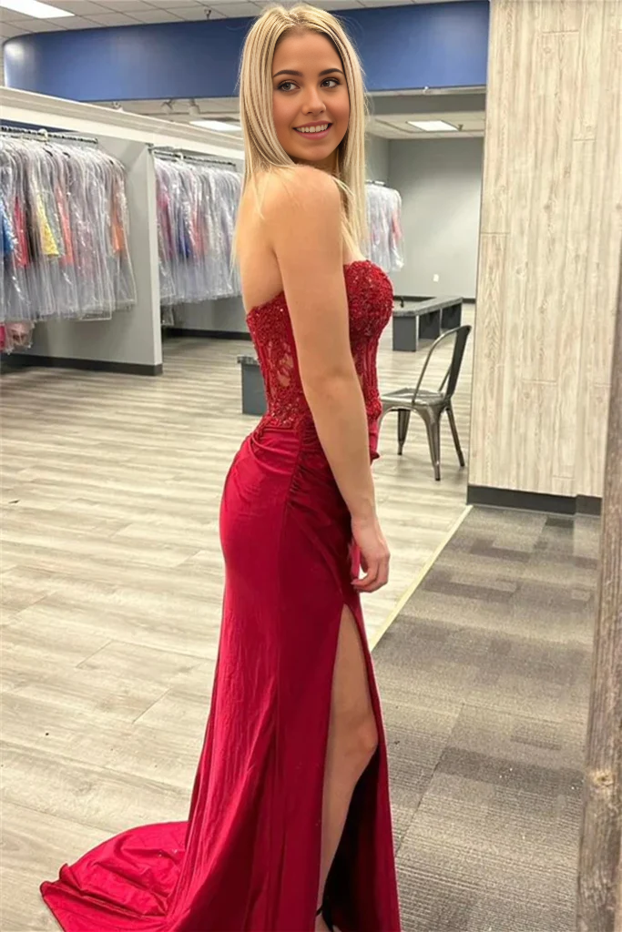 Back view of the elegant strapless mermaid prom dress.
