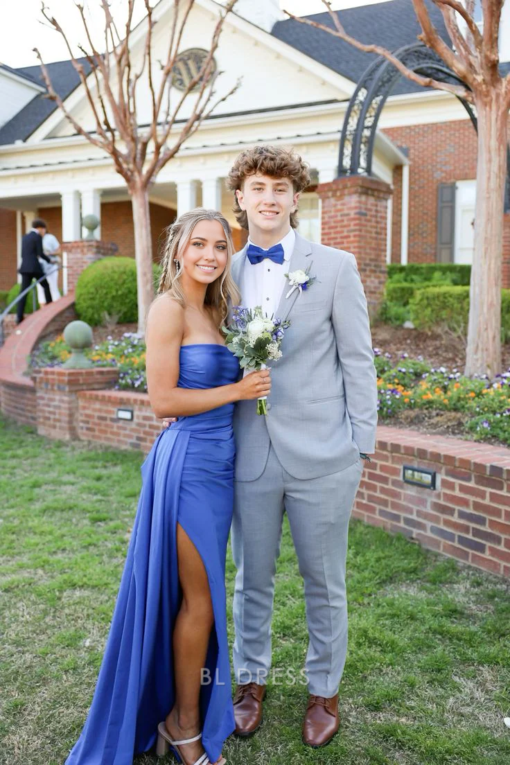 Elegant blue mermaid strapless long formal dress with a high leg split.