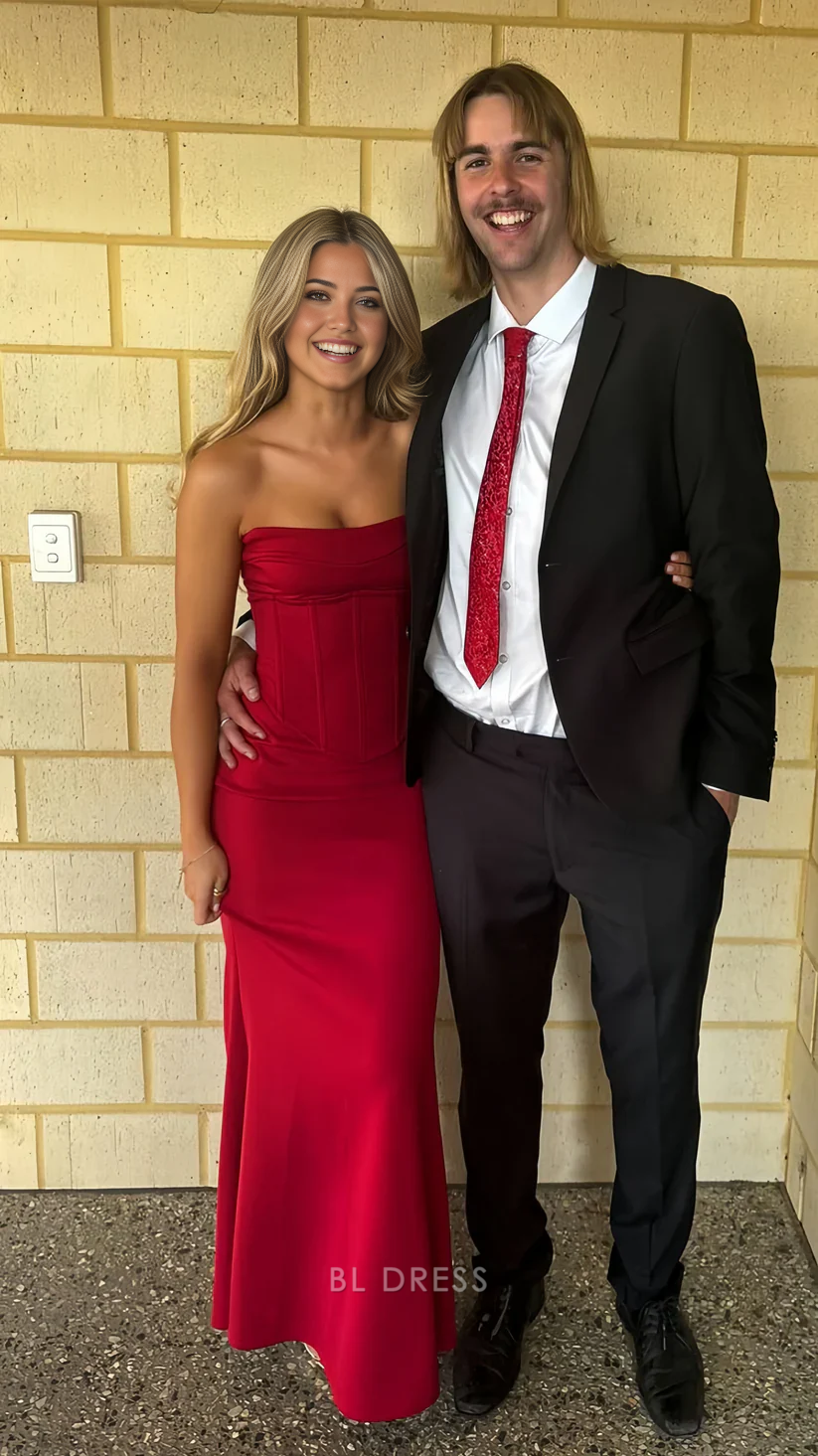 Elegant red strapless mermaid gown for formal events.