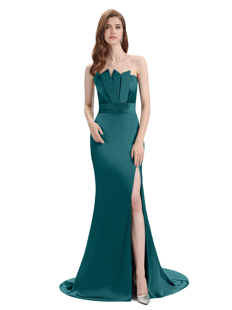 Elegant mermaid strapless satin formal dress.