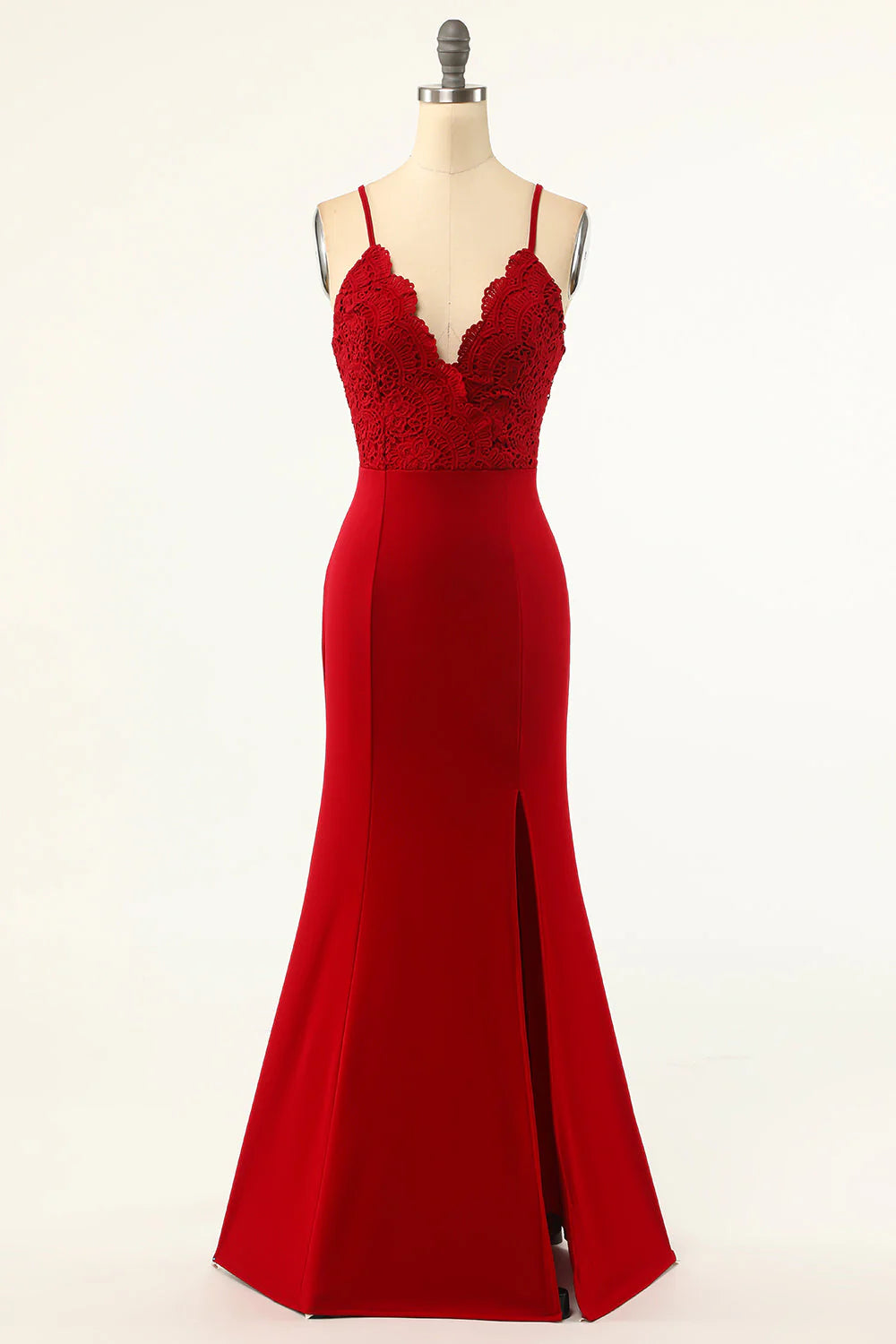 Dark red mermaid prom dress, front view.