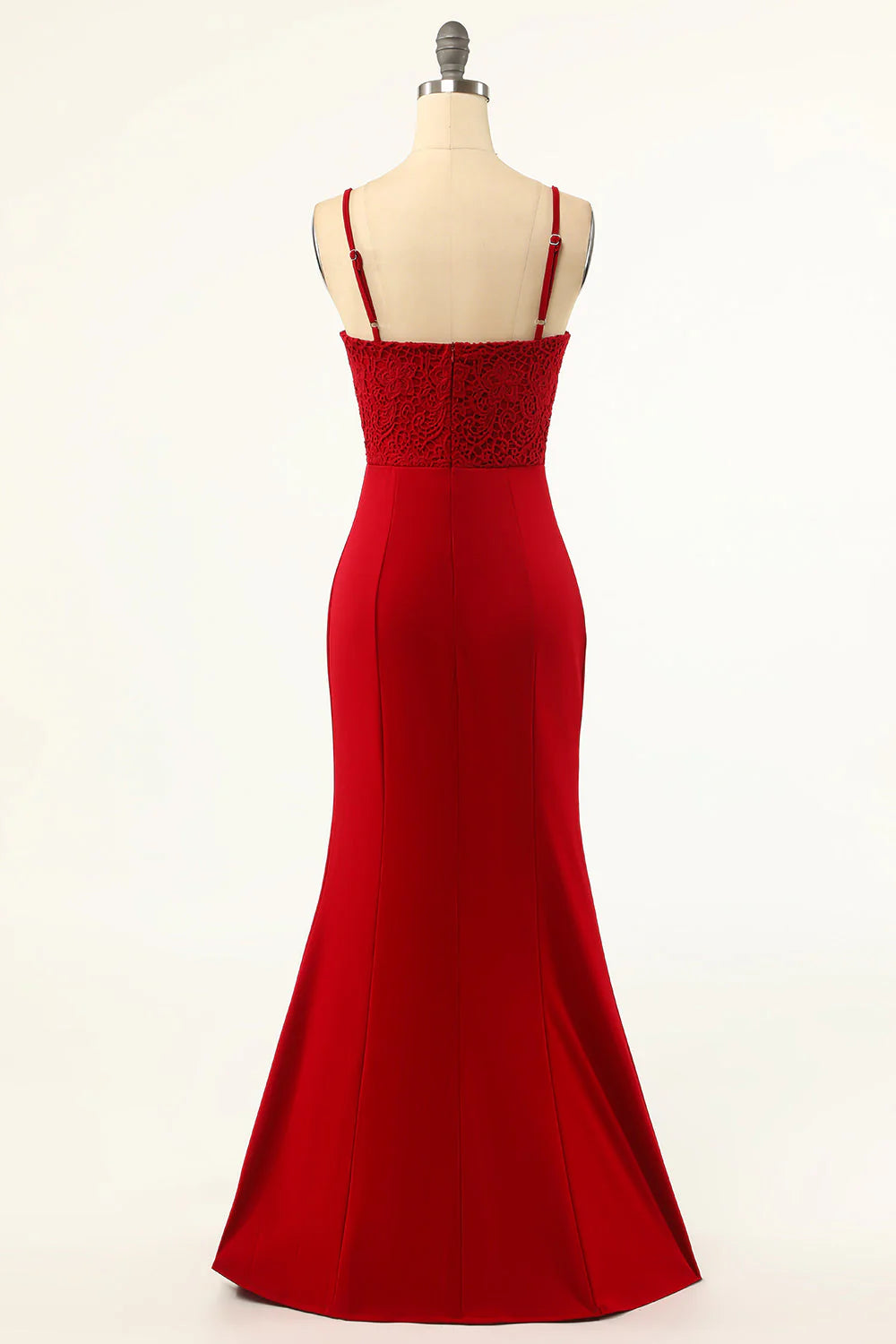 Elegant dark red mermaid gown, side view.