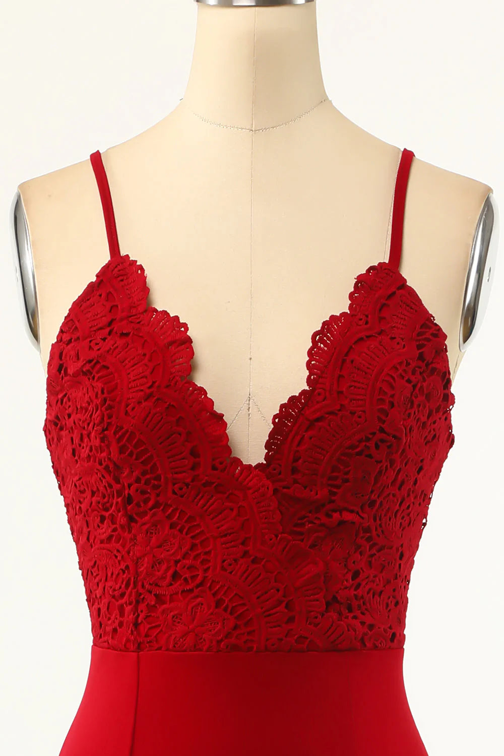 Close-up of the sweetheart neckline on a dark red mermaid dress.