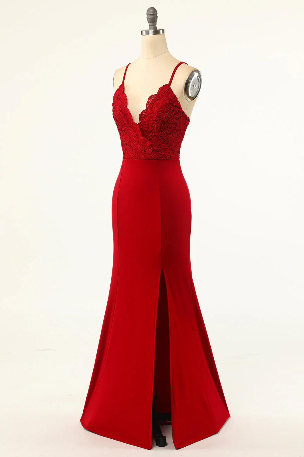 Back view of a dark red mermaid formal dress.