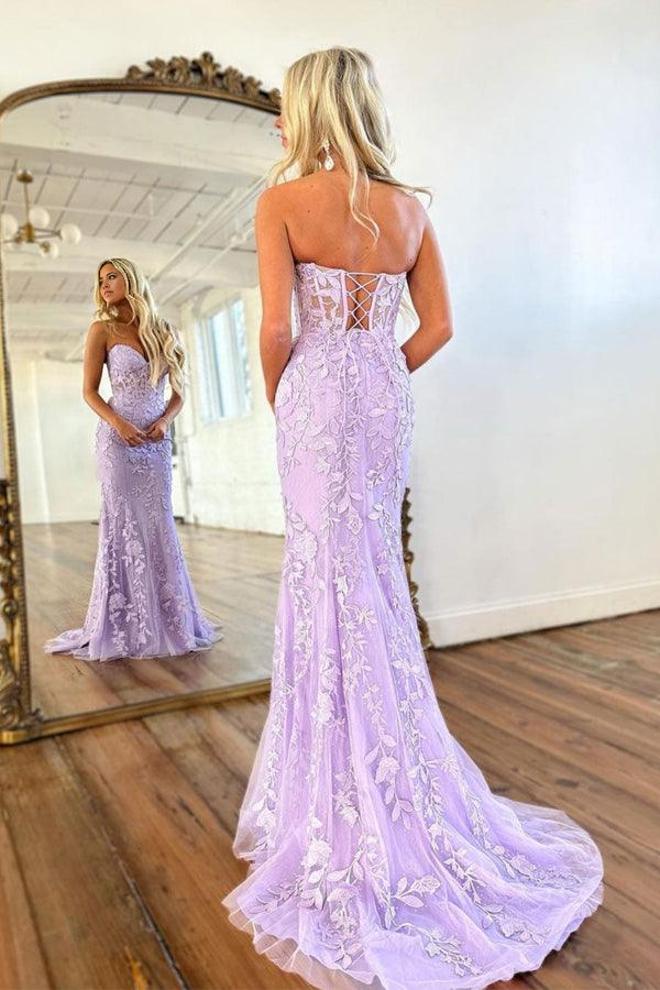 Close-up of lace detail on a sweetheart neckline purple dress.