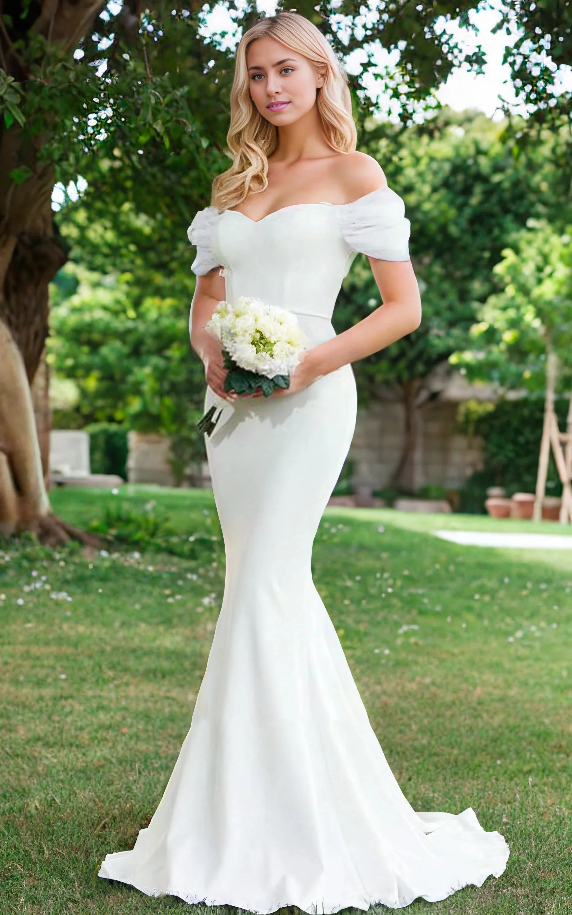Elegant mermaid wedding dress with sweetheart neckline and off-the-shoulder satin sleeves.