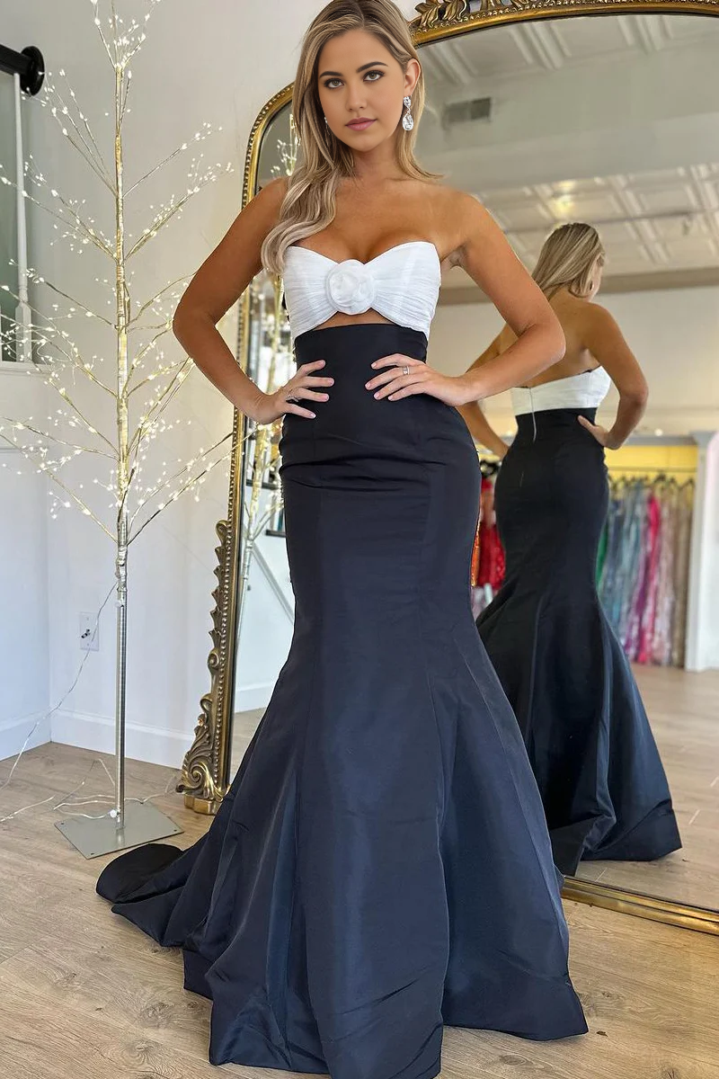 Elegant mermaid sweetheart satin long prom dress with a bow detail.