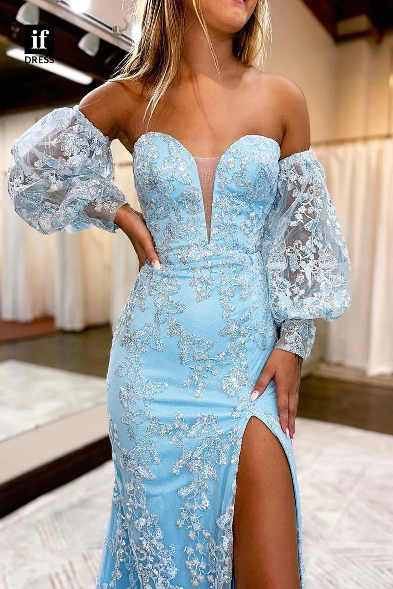 Back view of the mermaid sequin lace gown with a flowing train.