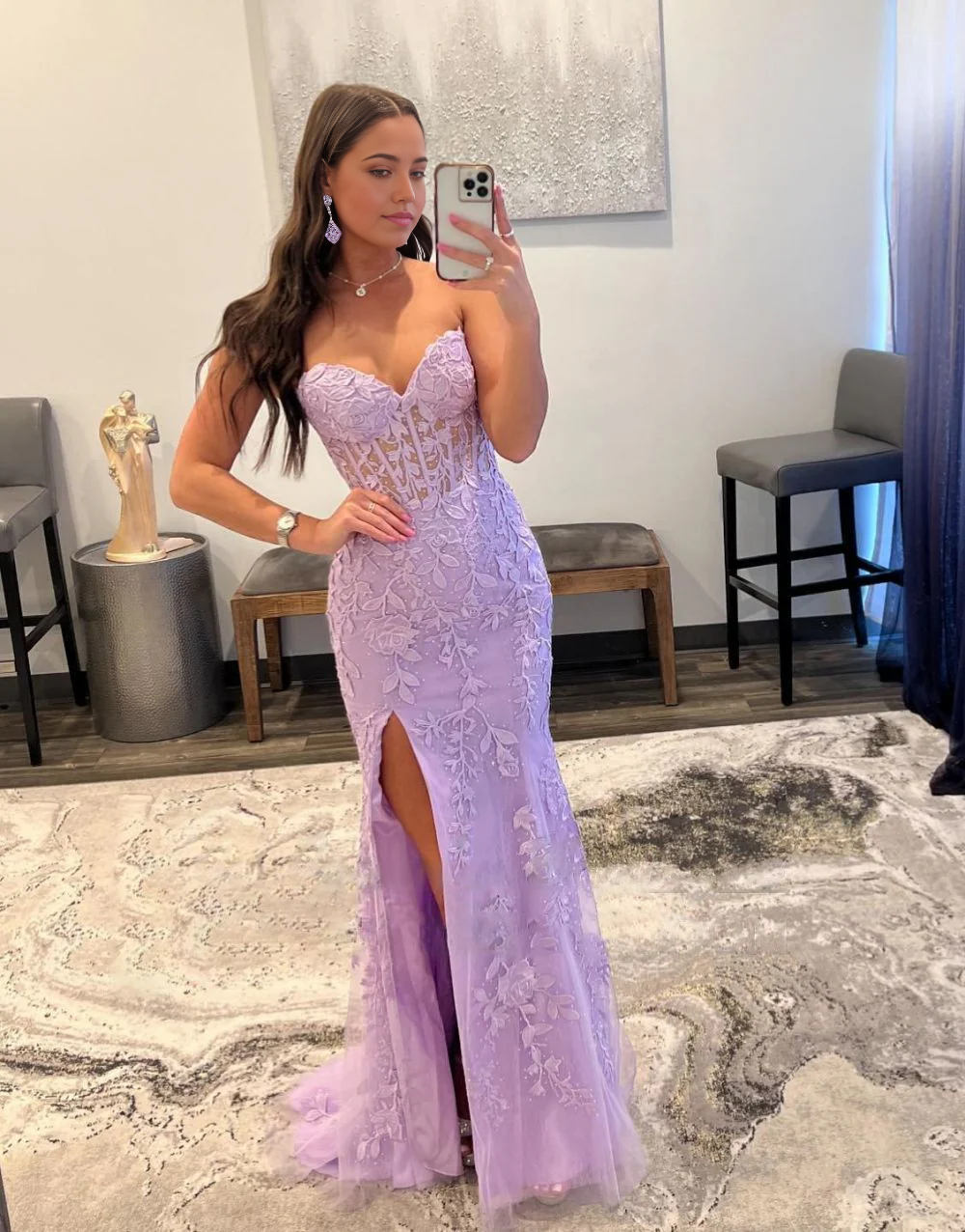 Side view of the formal mermaid dress, highlighting the appliques.