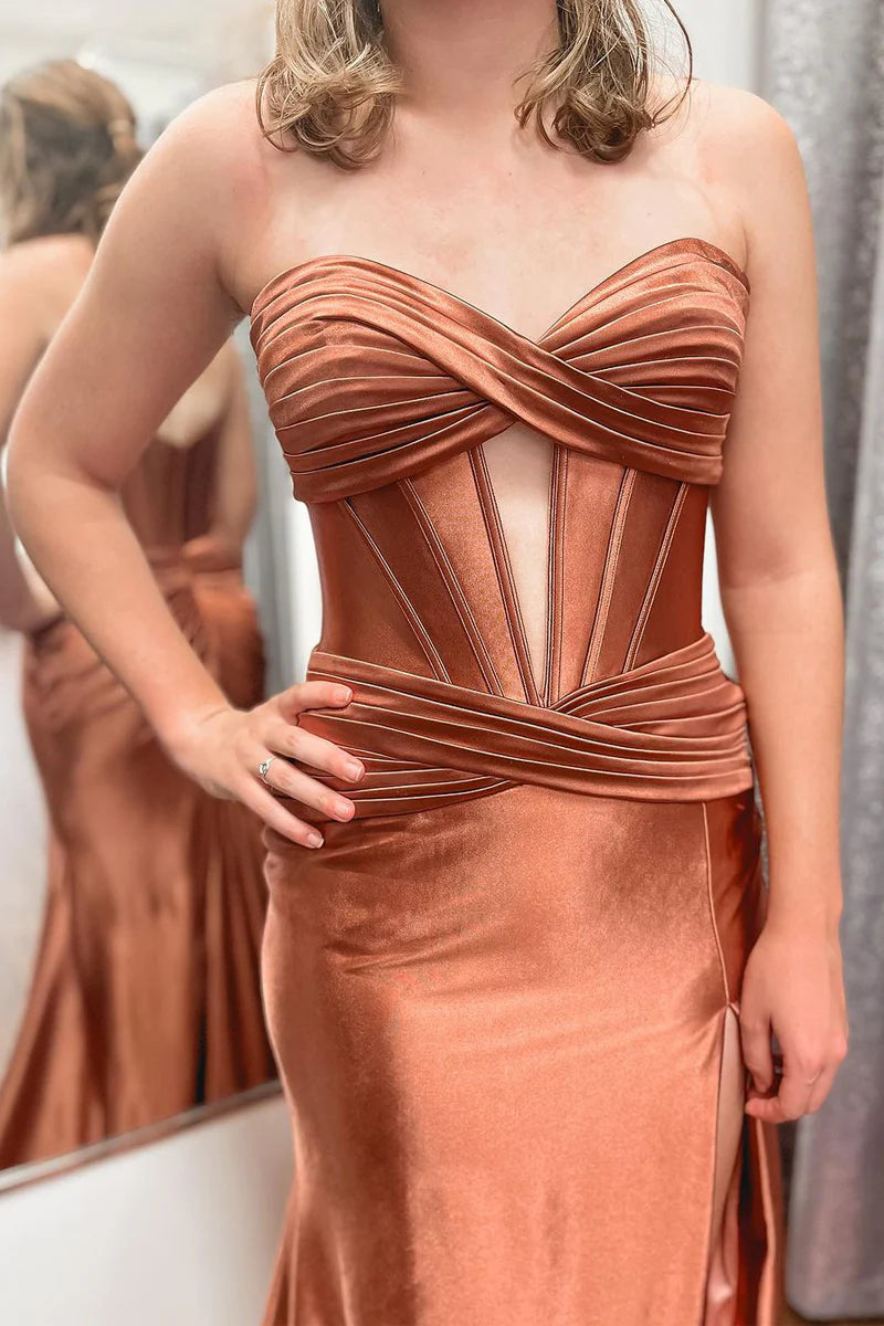 Back view of the long satin mermaid dress, suitable for formal occasions.