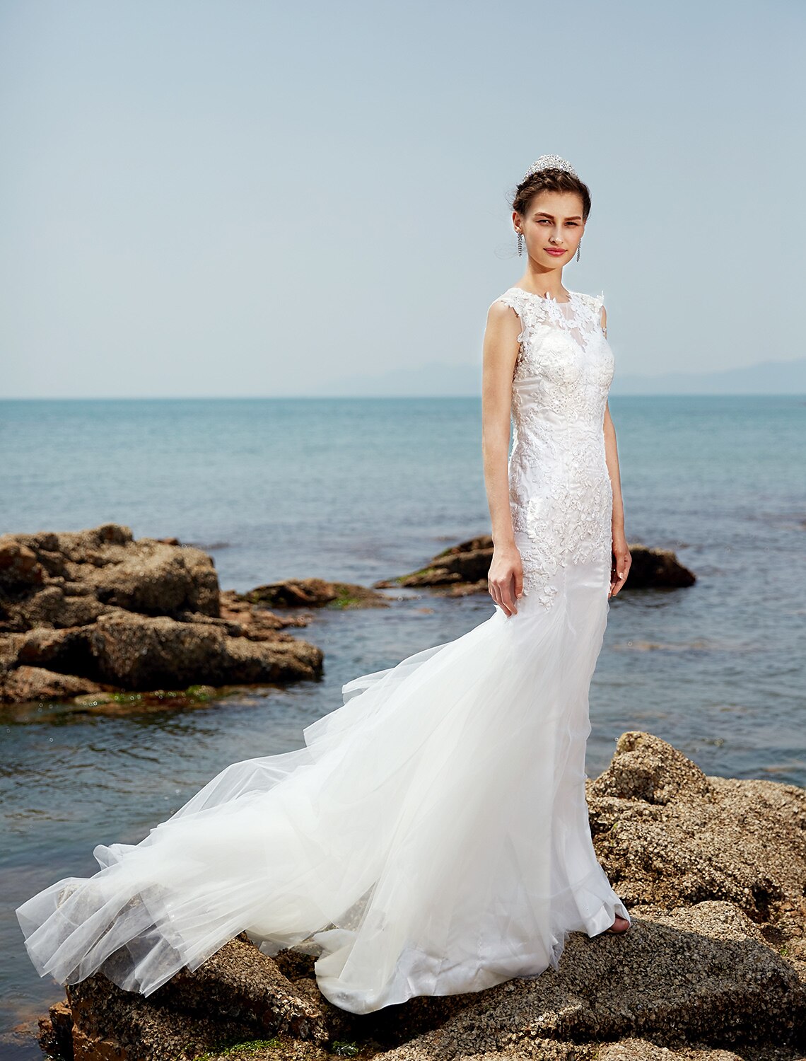Back detail of the elegant sweep train and lace embellishments.