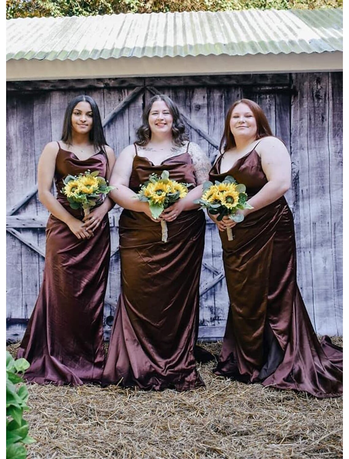 Elegant mermaid trumpet bridesmaid dress with V-neck cowl and spaghetti straps.