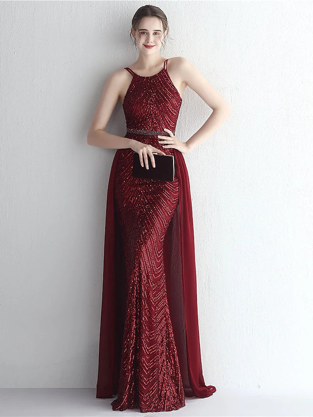 Back view of a formal floor-length chiffon dress with beading.