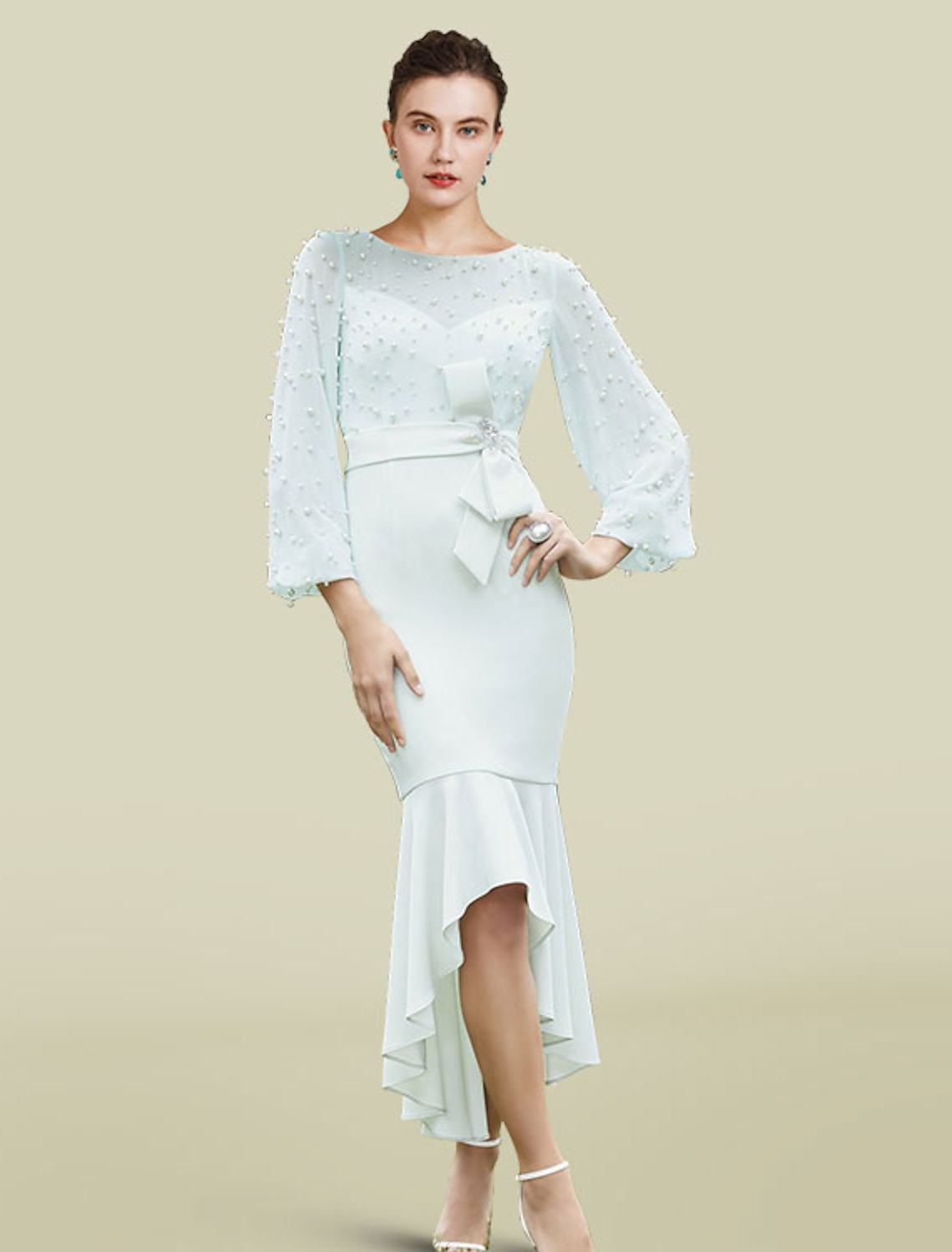 Elegant Mother of the Bride dress in mermaid trumpet silhouette with jewel neck, 3/4 sleeves, high-low hem, and pearl bow.
