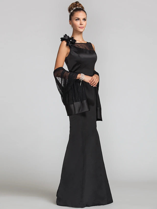 Back view of floor length satin lace Mother of the Bride gown.