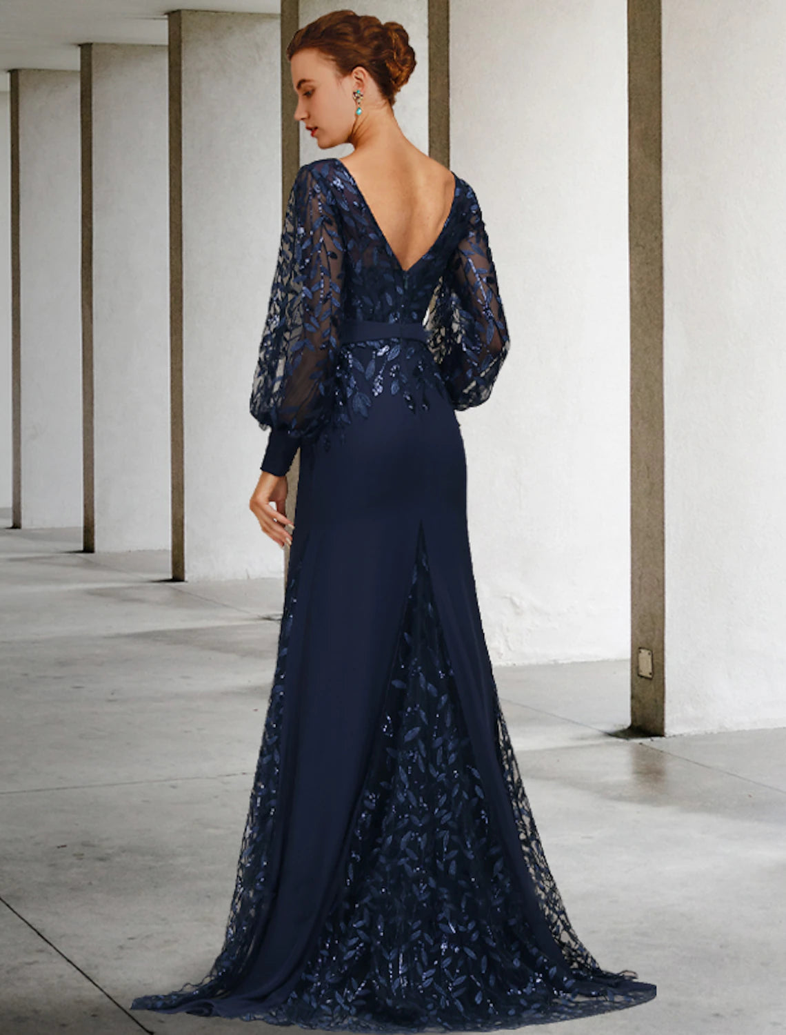 Side view of Mother of the Bride dress showing lace and sequin details.