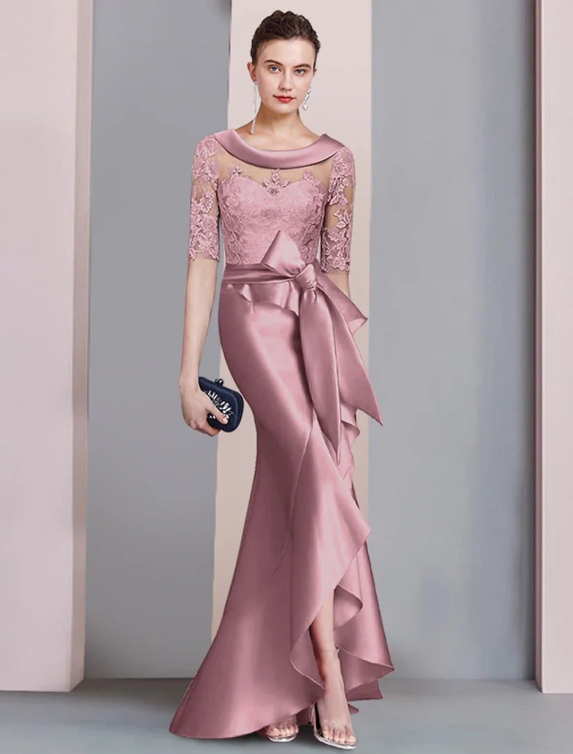 Elegant mermaid trumpet mother of the bride dress with high-low hem and asymmetrical scoop neck.