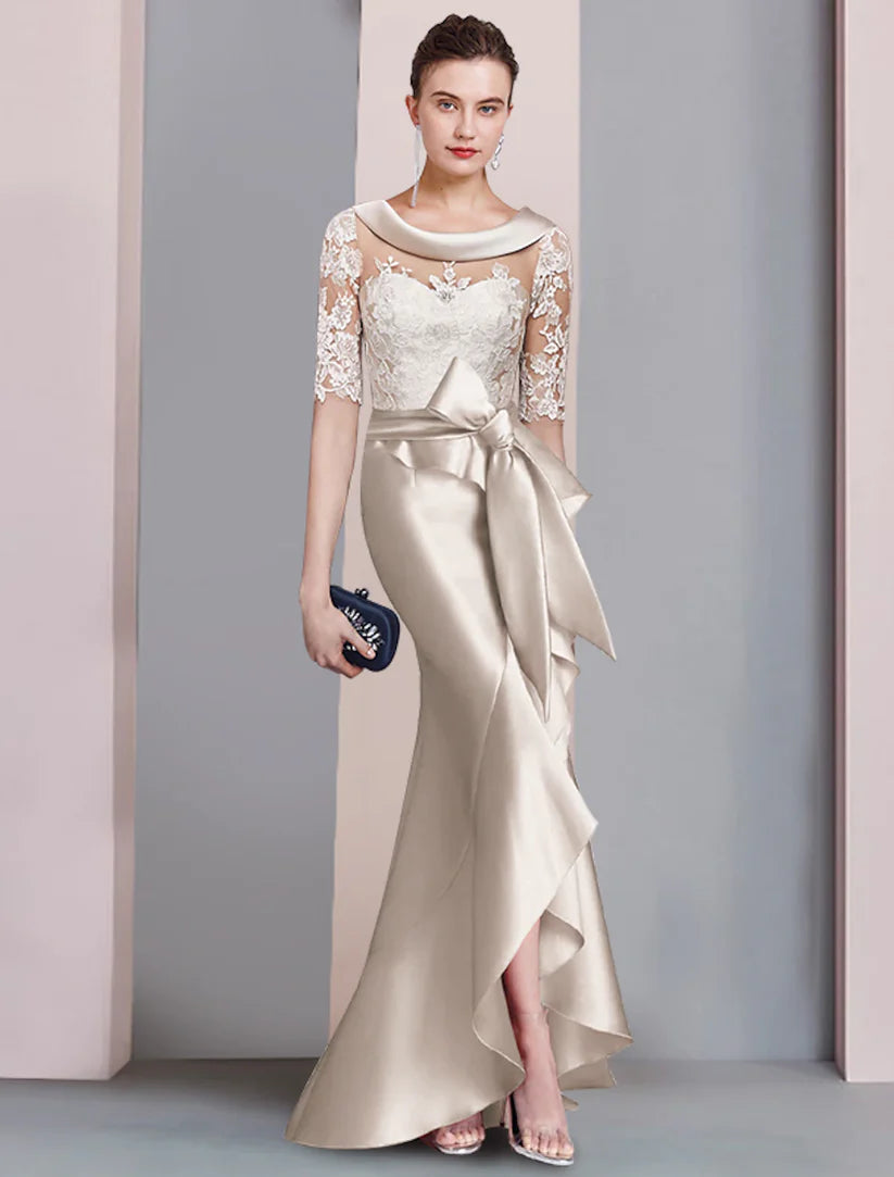 Side view of the formal high-low wedding guest dress, showing half sleeves and bow details.