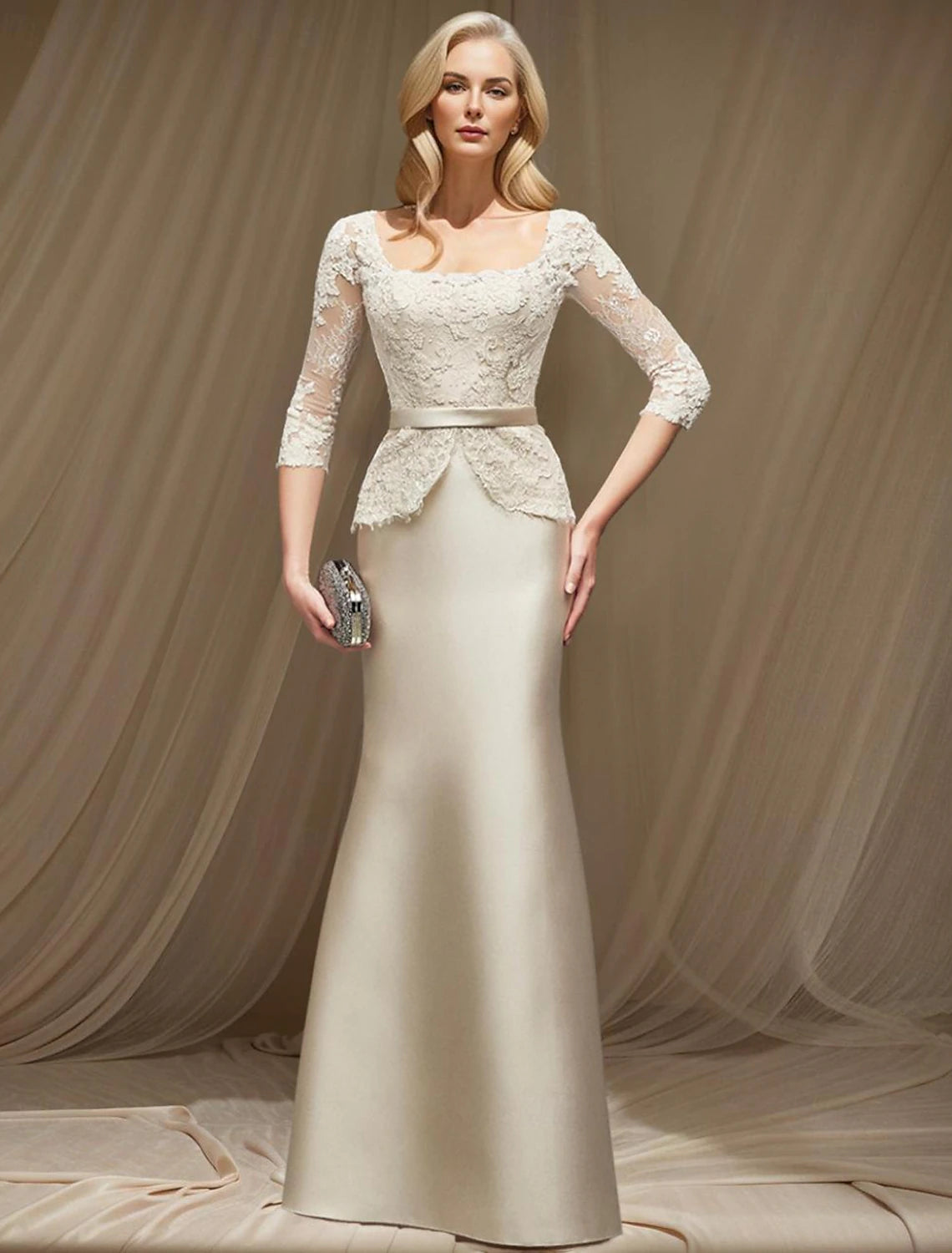 Elegant Mermaid Trumpet Mother of the Bride dress with square neck and 3/4 sleeves.