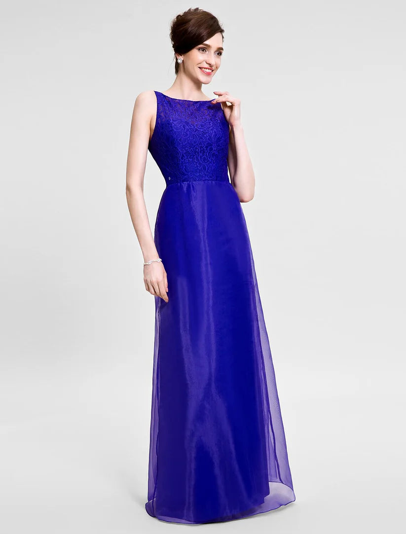 Side profile of the floor-length organza Mother of the Bride dress.