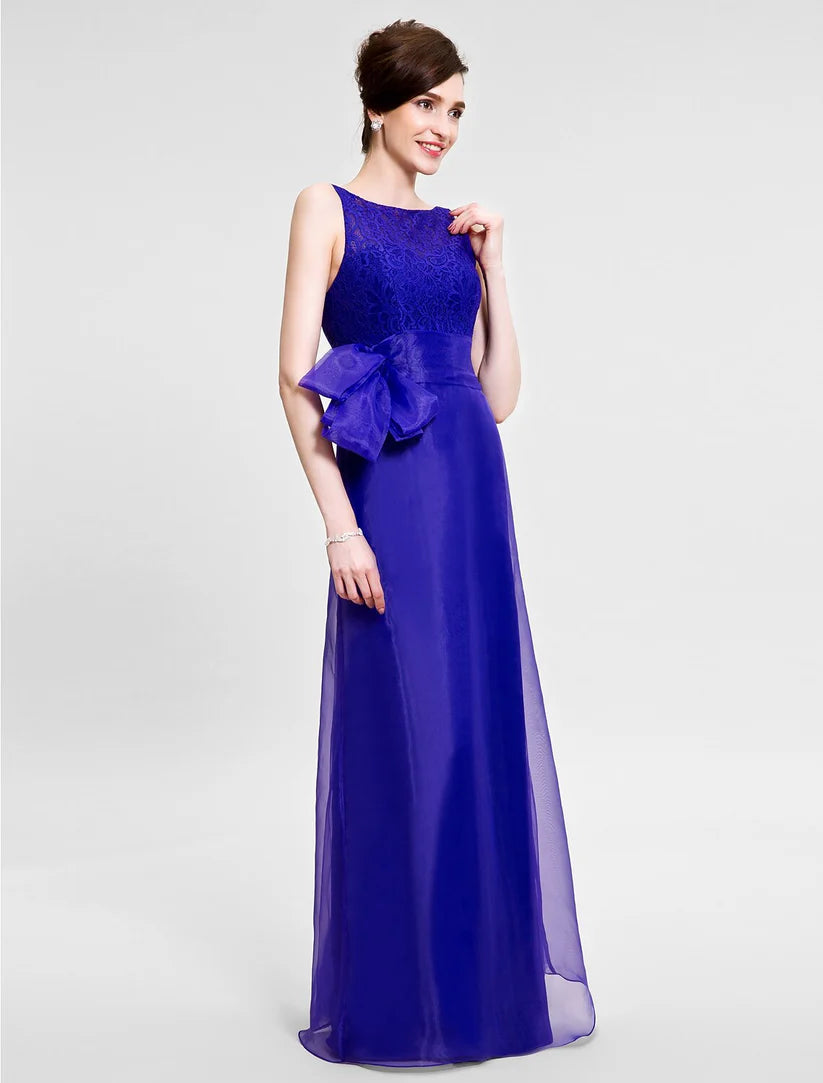 Close-up of the lace detailing on the sleeveless bateau neck dress.