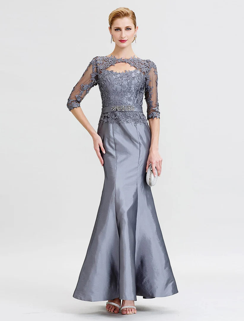 Elegant Mother of the Bride dress, front view, featuring a mermaid/trumpet silhouette, jewel neck, and 3/4 sleeves.