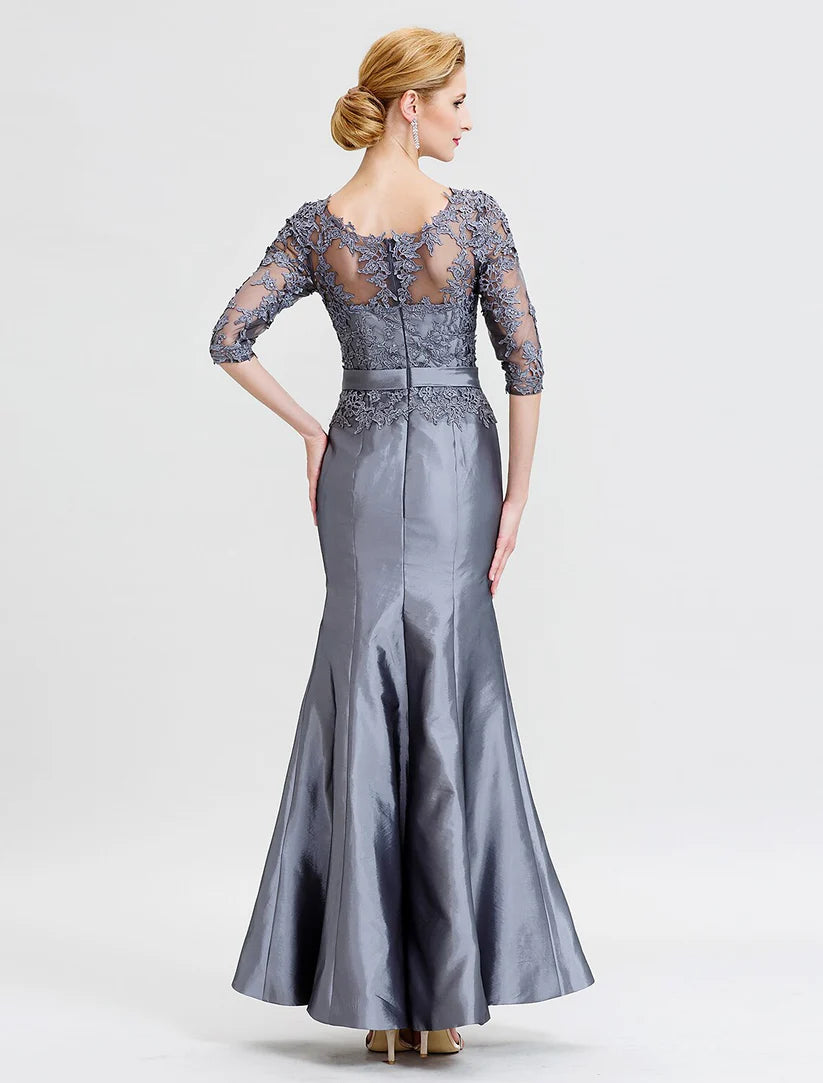 Back view of the Mother of the Bride dress, showcasing the beautiful see-through illusion detail with intricate beading.