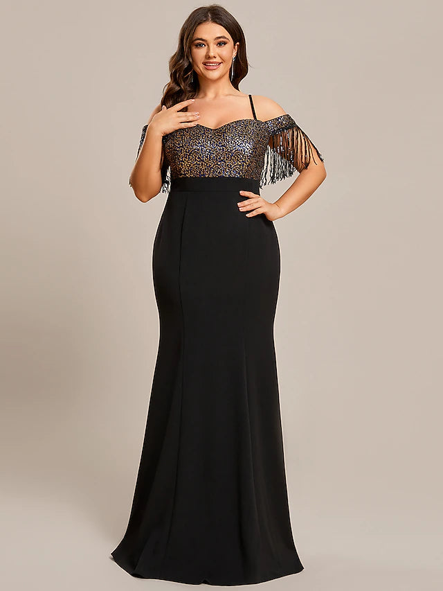 Elegant mermaid off-shoulder dress with tassel detail.