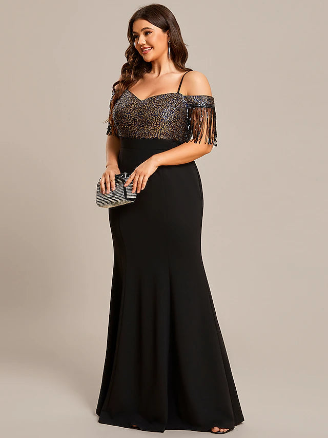 Side profile of the stretch fabric mermaid gown.