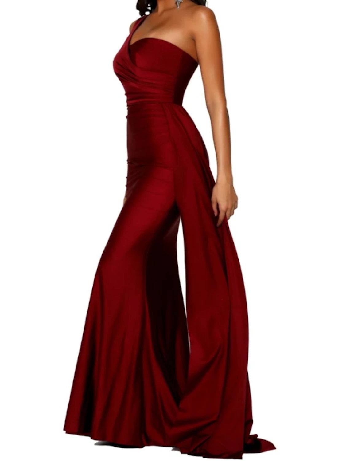 Model posing in a minimalist one-shoulder formal dress.