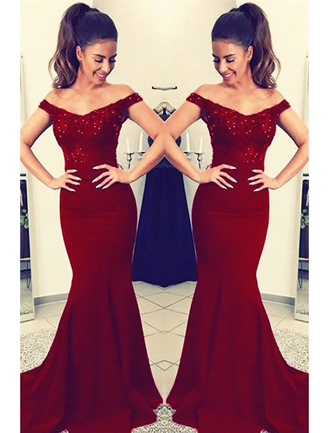 Elegant Mermaid Trumpet Prom Dress with off-shoulder neckline and intricate beading, featuring a long court train.
