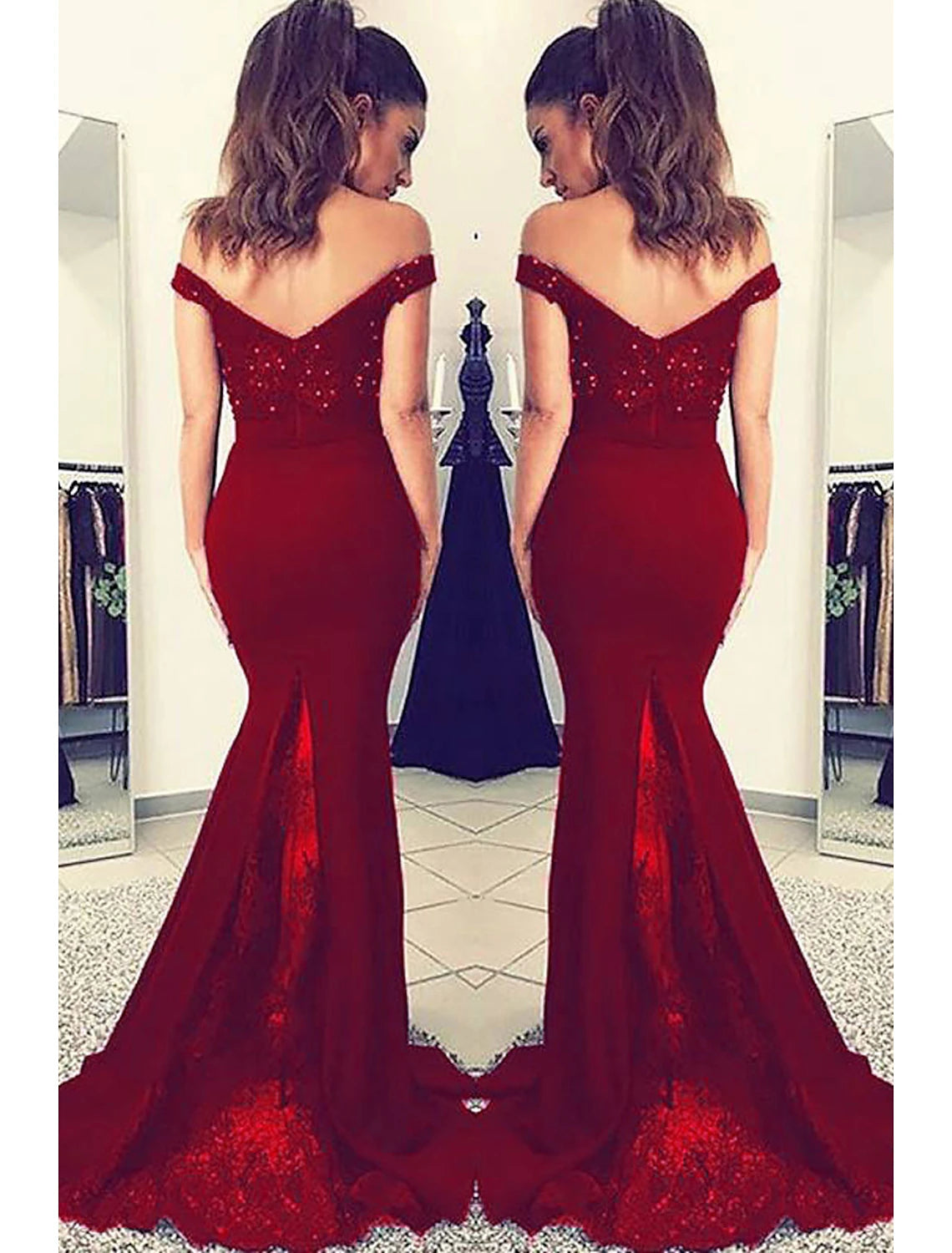 Back view of a Mermaid Trumpet Prom Dress showcasing a V-back design and delicate appliques on stretch fabric.