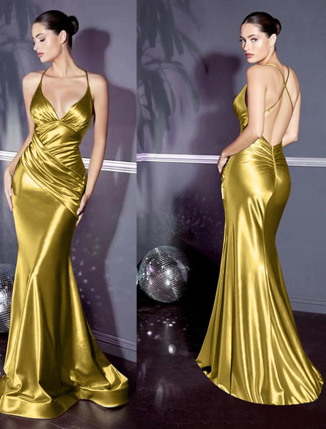 Elegant mermaid trumpet satin evening gown with criss-cross ruched bodice.