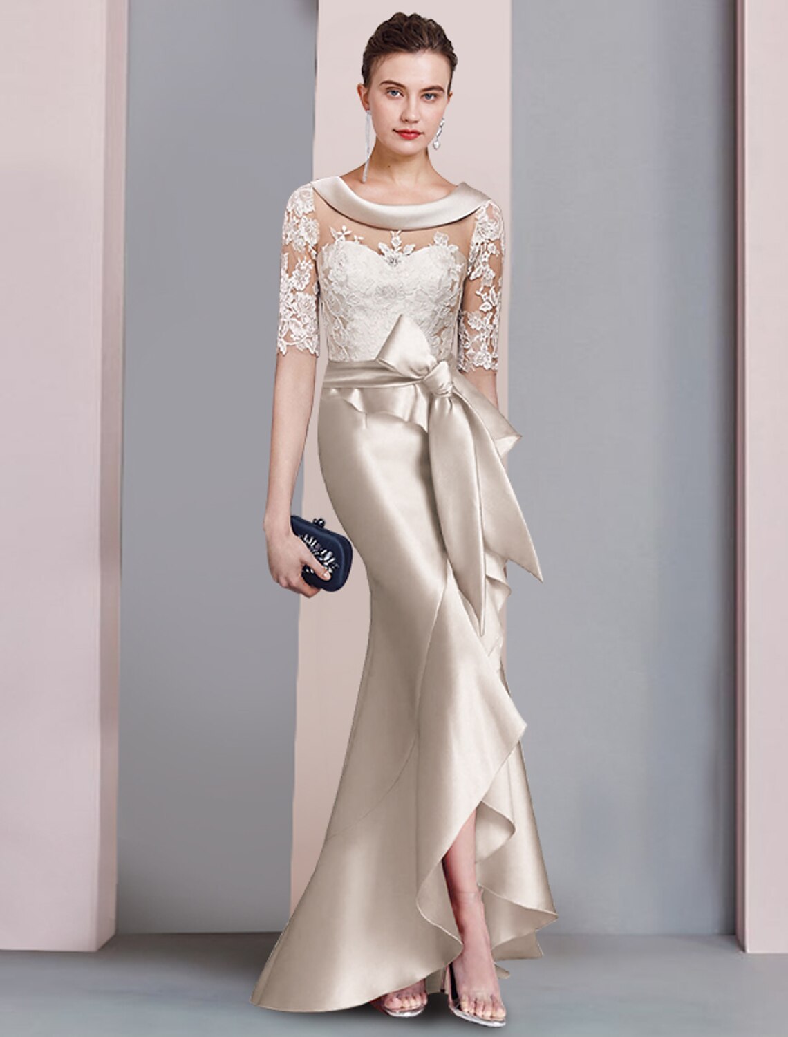 Close-up of the navy dress bodice, showing the scoop neck, half sleeves, and applique details.