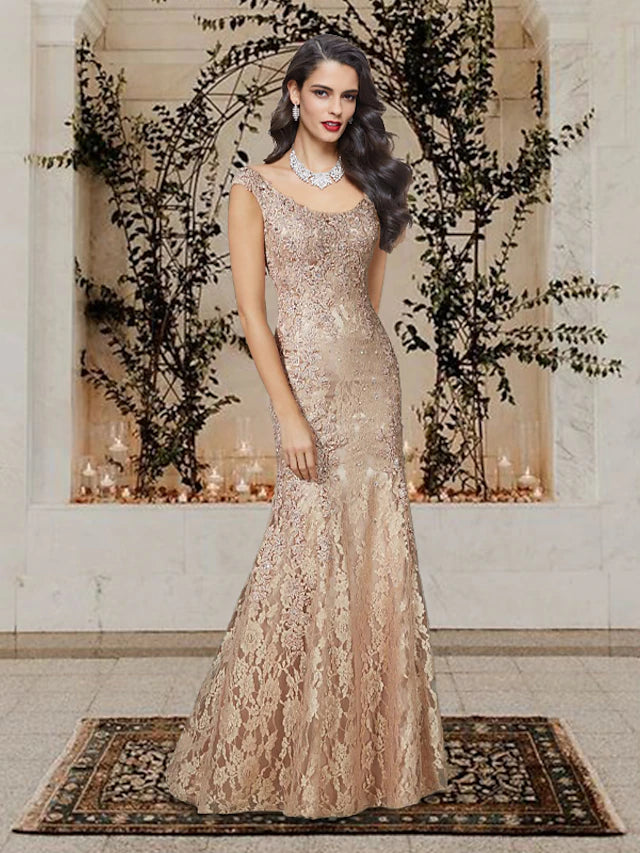 Elegant mermaid trumpet Mother of the Bride dress with scoop neck and lace beading.