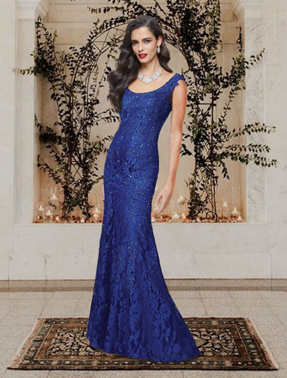 Close-up of the intricate lace and beading details on the sleeveless formal dress.