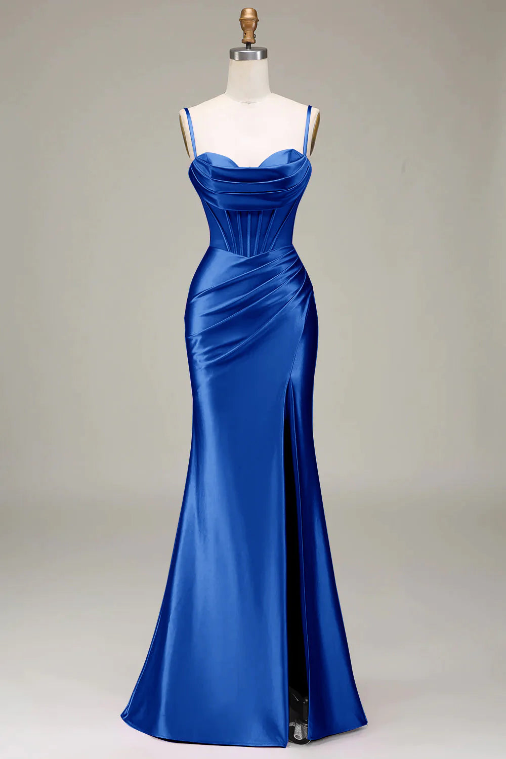 Lilac mermaid dress with a sweep train and delicate pleats.
