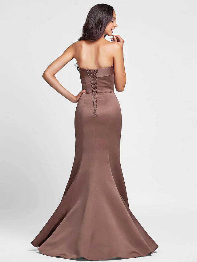 Front view of the elegant strapless satin gown.