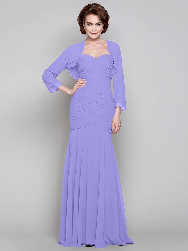 Side view of a floor-length chiffon Mother of the Bride gown.