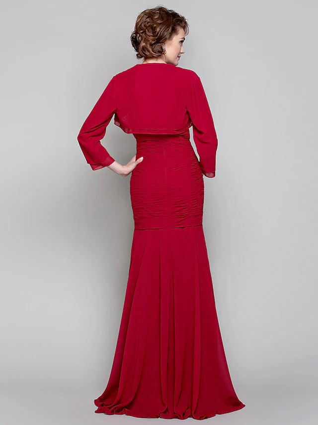 Sweetheart neckline and long sleeves on a formal Mother of the Bride dress.
