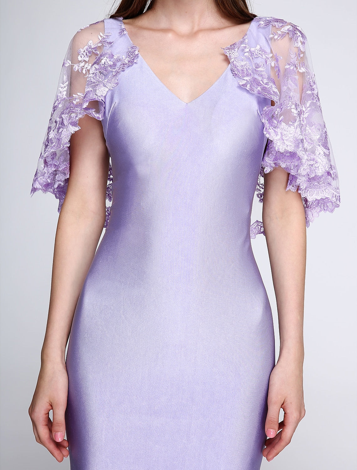 Model wearing the Mermaid Trumpet Bridesmaid Dress with included wrap.
