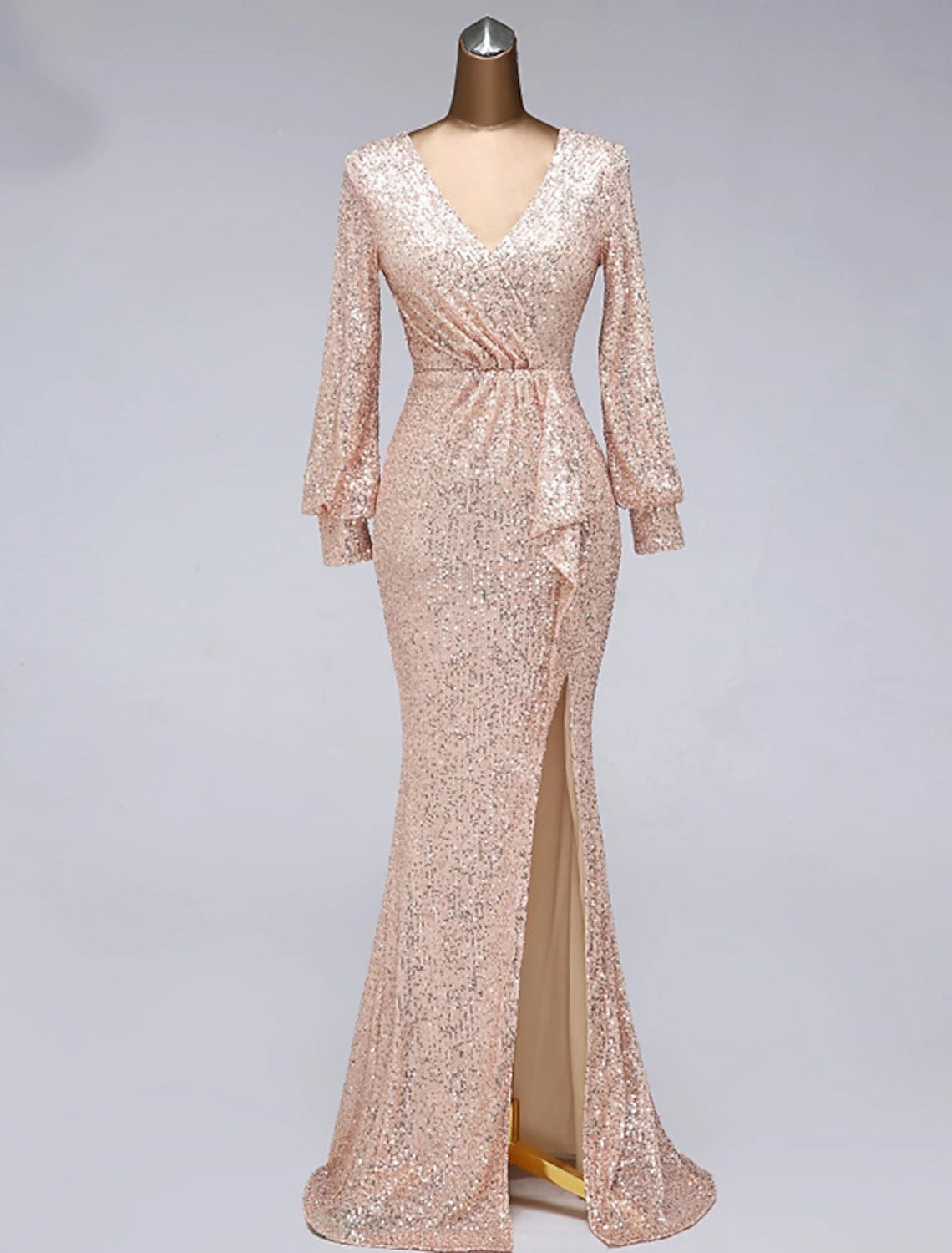 Elegant mermaid trumpet evening gown with long sleeves and V-neck.