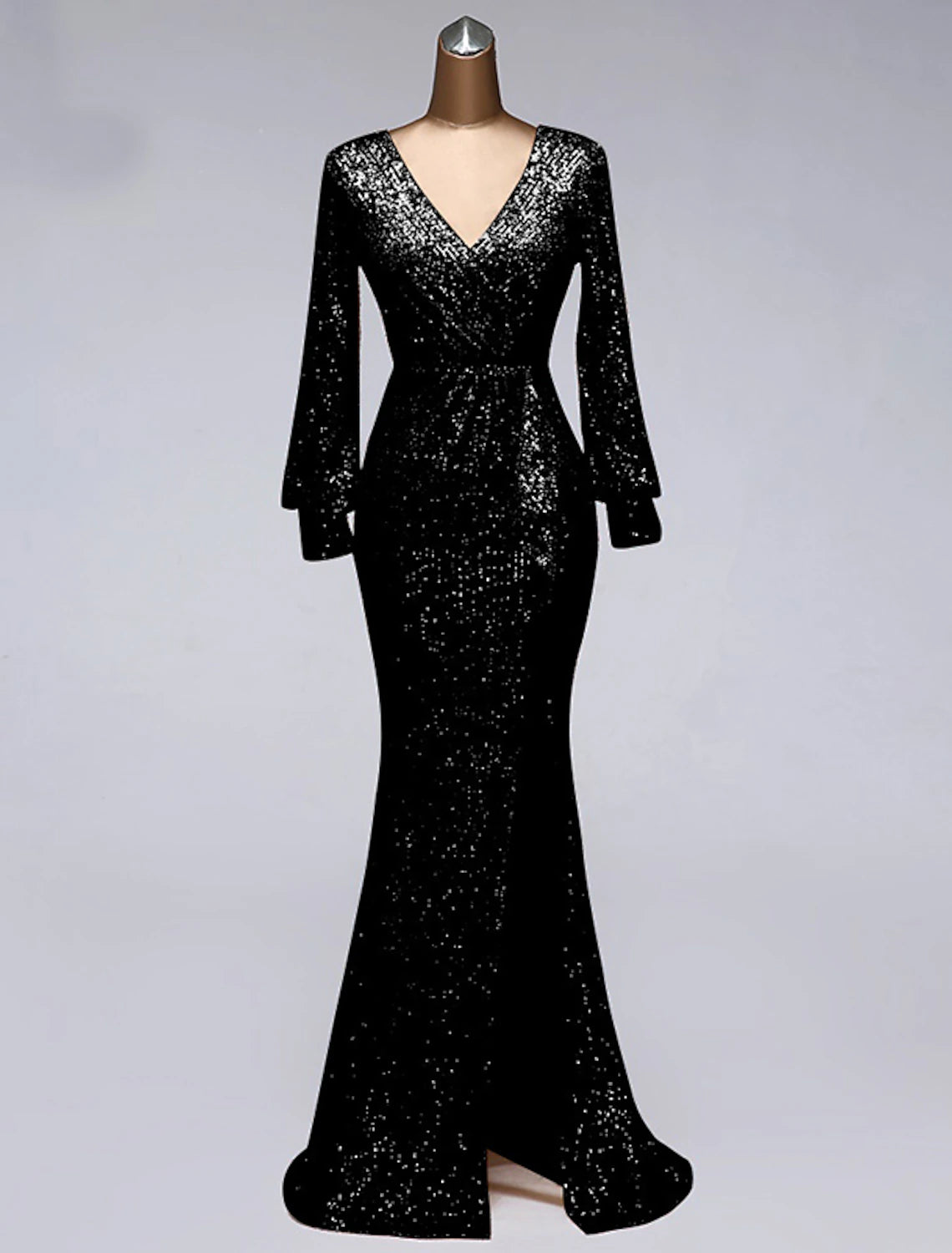 Side view of V-neck long sleeve formal dress with a slit.