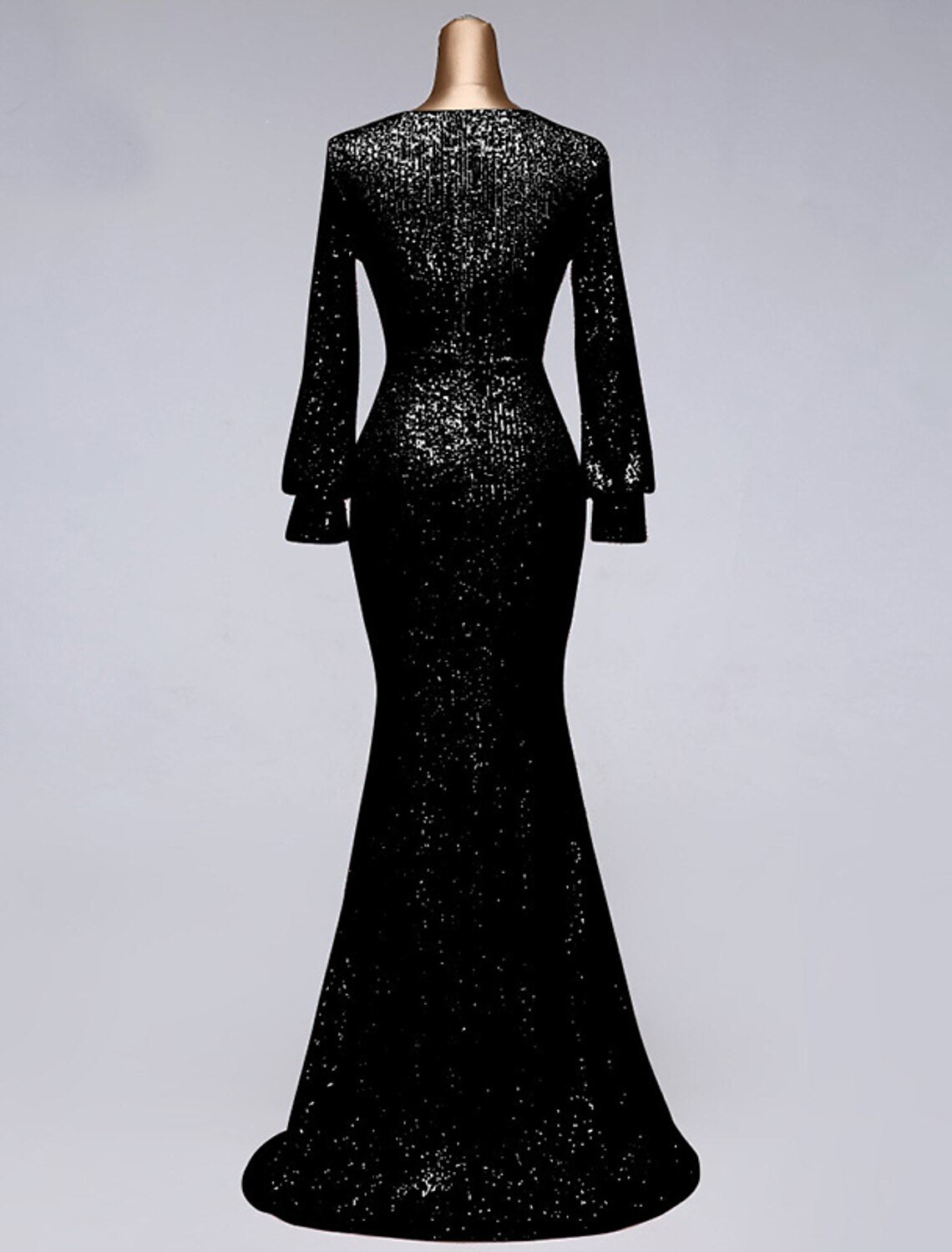 Full length view of elegant long sleeve V-neck evening dress.